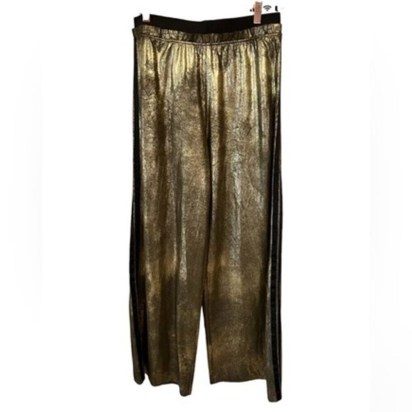 Free People BRUSHED METALLIC BRONZE GOLD SILVER WIDE LEG Track Pants Wide M L - Picture 8 of 16